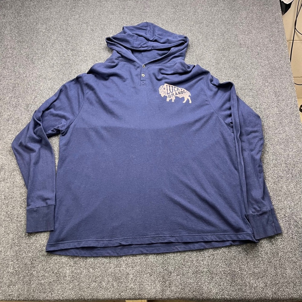 Lucky Brand Buffalo Graphic Henley Blue Long Sleeve Hoodie Shirt